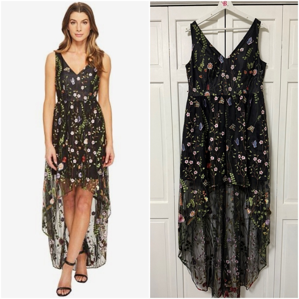 Adrianna Papell Black Floral Embroidered High-Low Dress